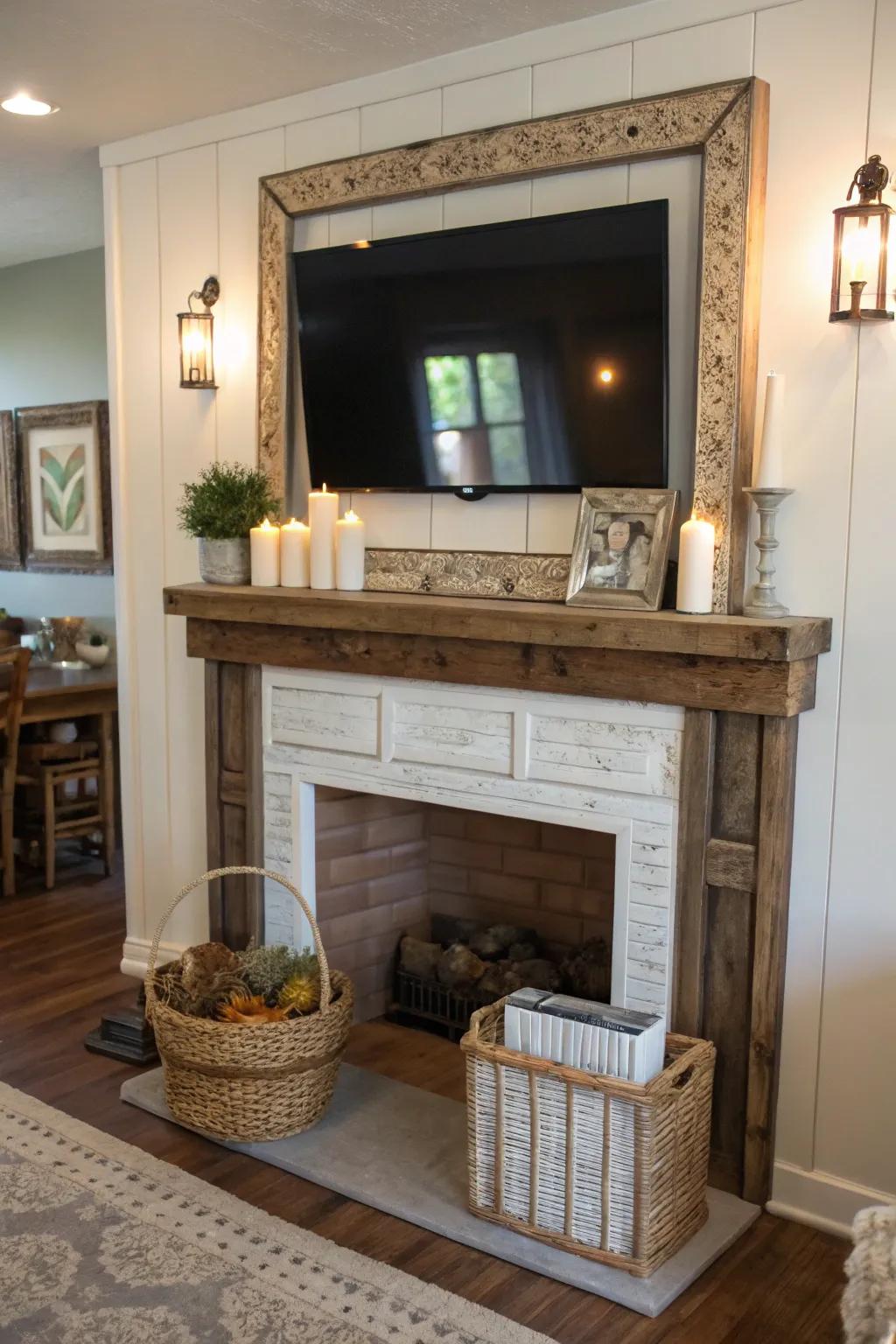 A farmhouse mantel beneath a TV, enhanced by a chic simulated frame.