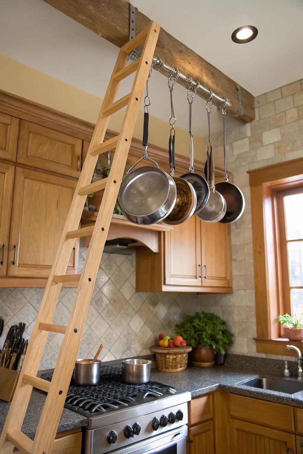 A kitchen hanger ingeniously crafted from a suspended ladder