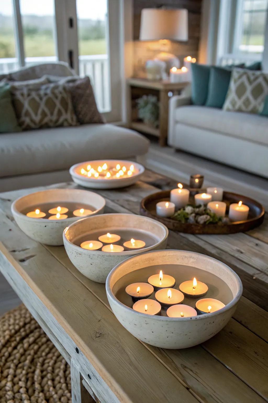 Submerged candlelight in basins cultivates a serene and exquisite ambiance.