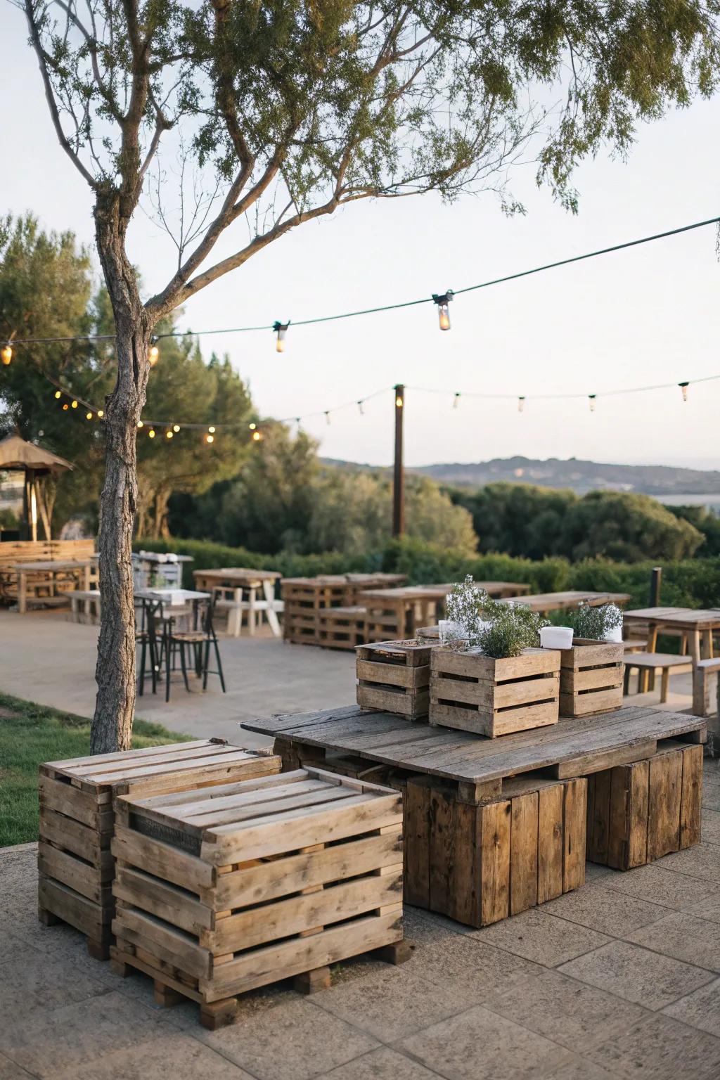 Host a rustic outdoor event with box furniture.