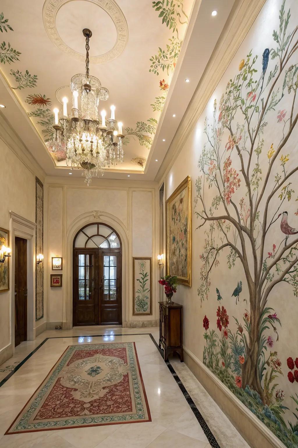 A hand-painted mural creates a grand and captivating entrance.