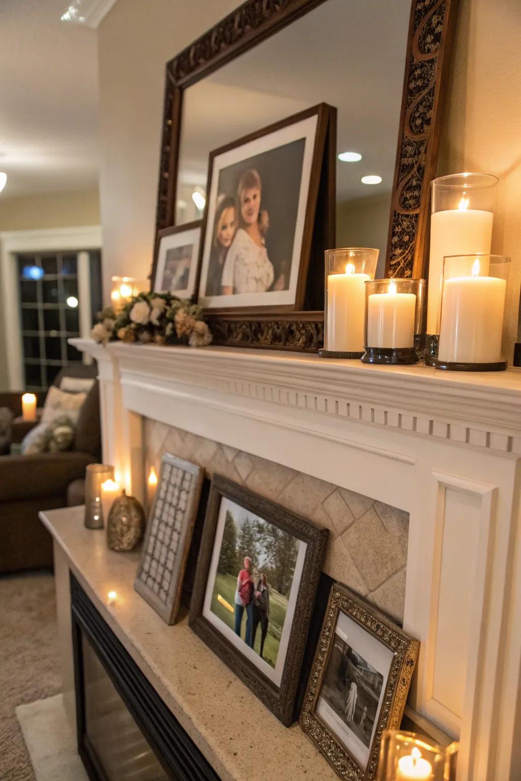 A family photo display adds a personal touch to the mantel.