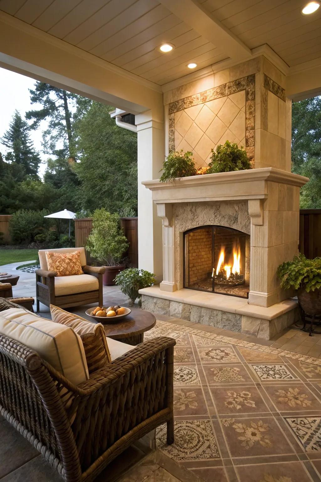 Coordinating finishes beget a uniform interior-exterior fireplace aesthetic.