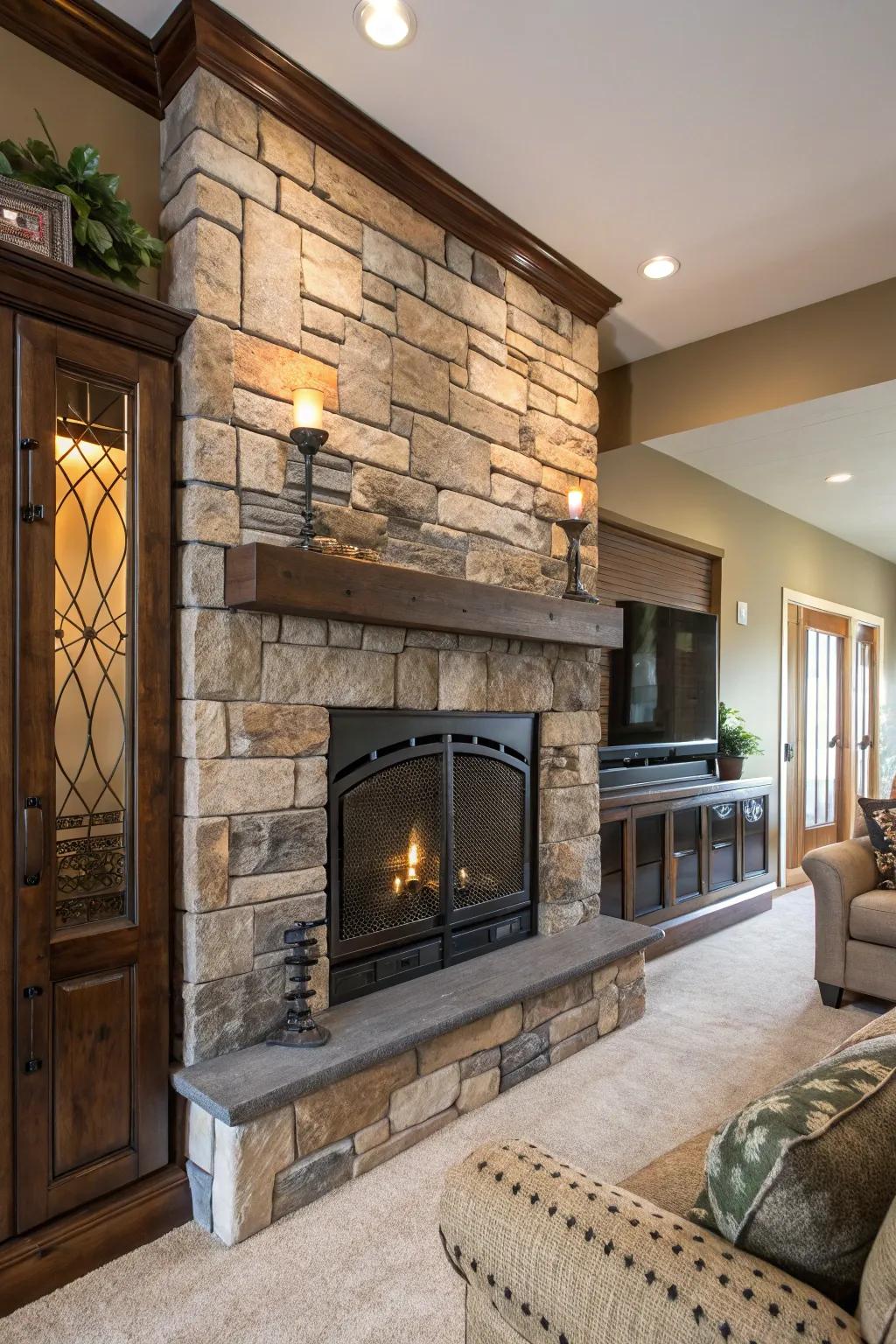 A magnum opus of blended constituents upon this breathtaking fireplace wall.