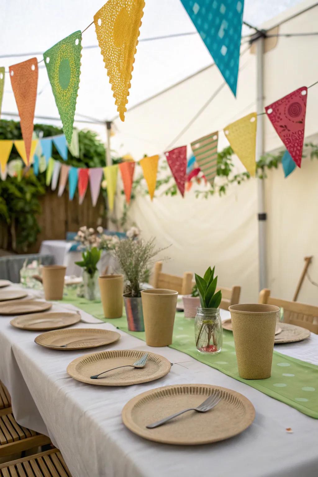Stylish and sustainable party decor with reusable and biodegradable elements.