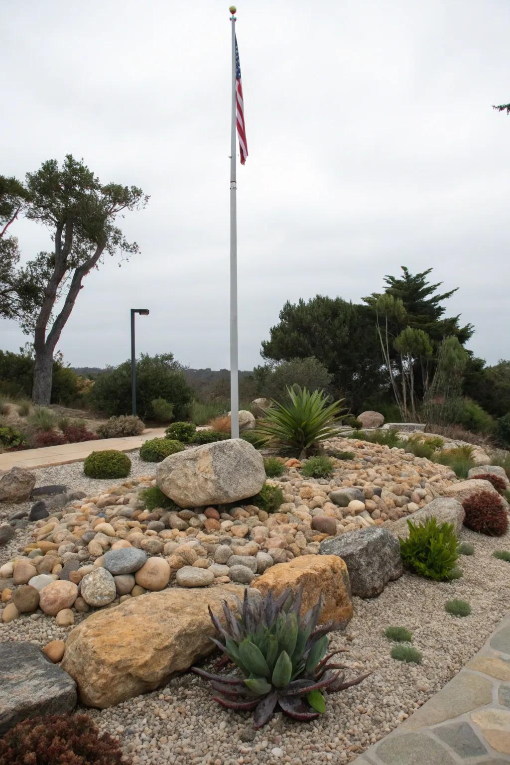 A rock garden offers a durable and stylish landscape around a flagpole.