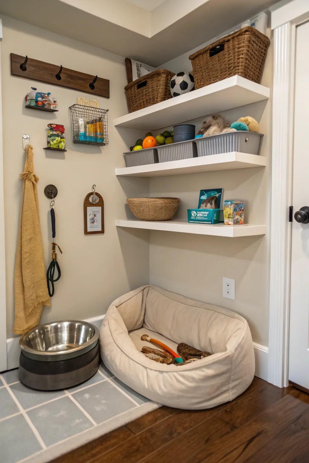 Pet corner featuring stylish shelves.
