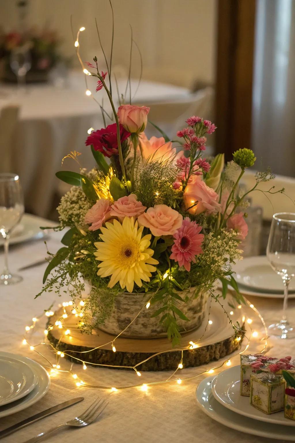 Whimsical soft lights and flowers centerpiece, adding a magical touch to your evening decor.