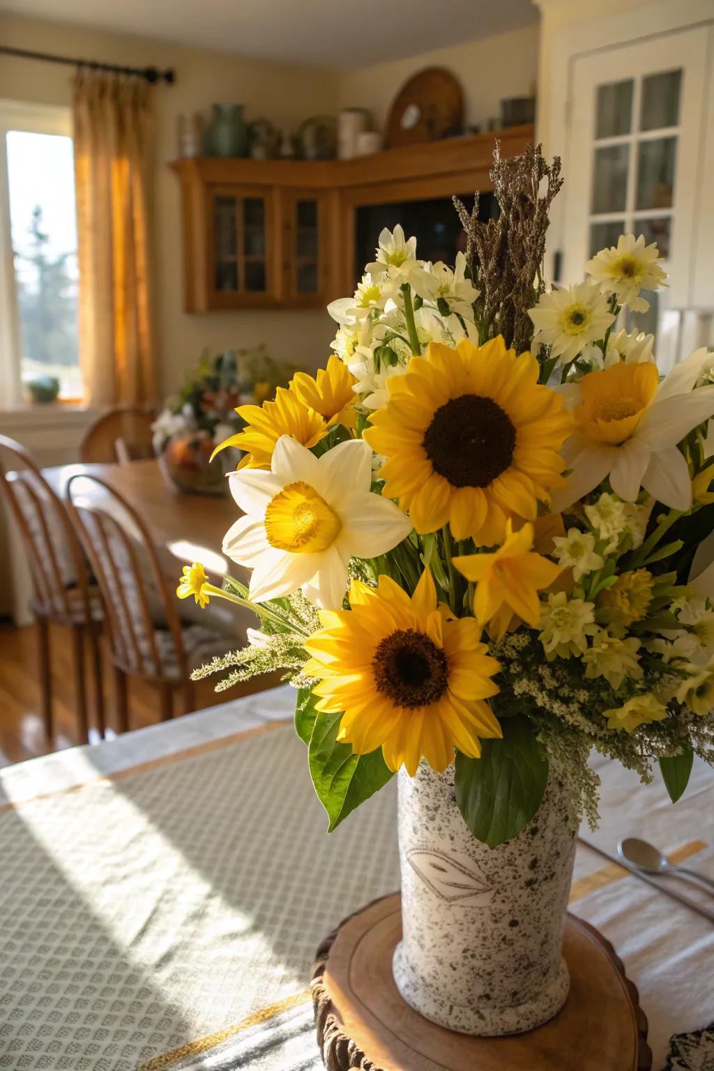 A cheerful bouquet of sunflowers and daffodils brightening up a dining room.