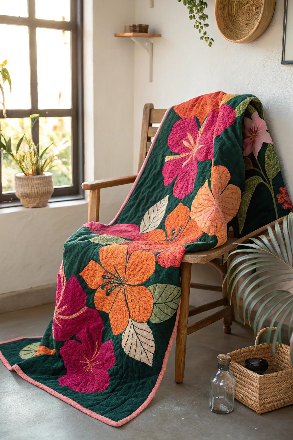 With the Hibiscus Harmony quilt, embrace tropical serenity where vibrant blooms converge with minimalist elegance.