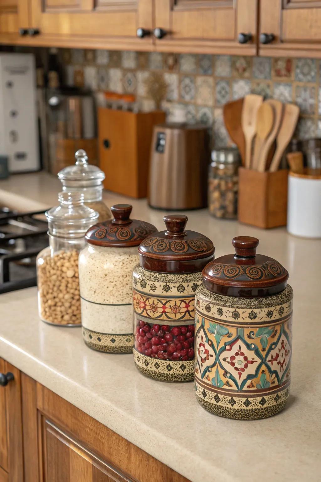Decorative pieces enhance design and utility in the cooking area.