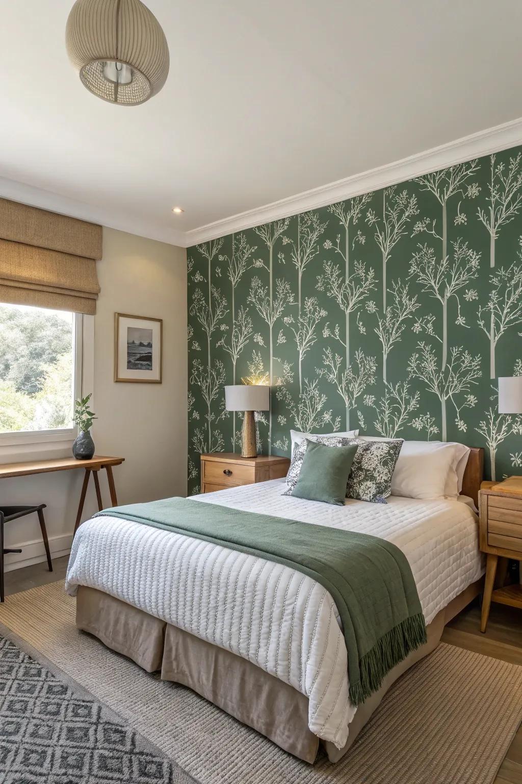 Designed wallpaper adds style to a green space.