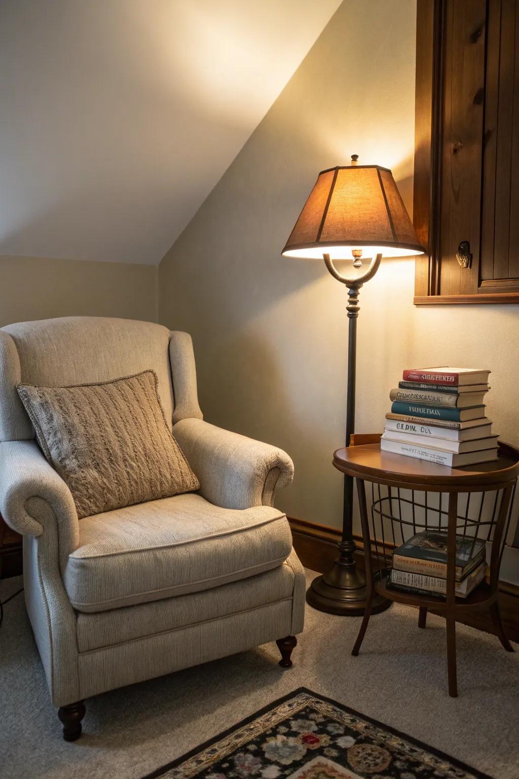 A reading nook offers a cozy, forest-inspired retreat.