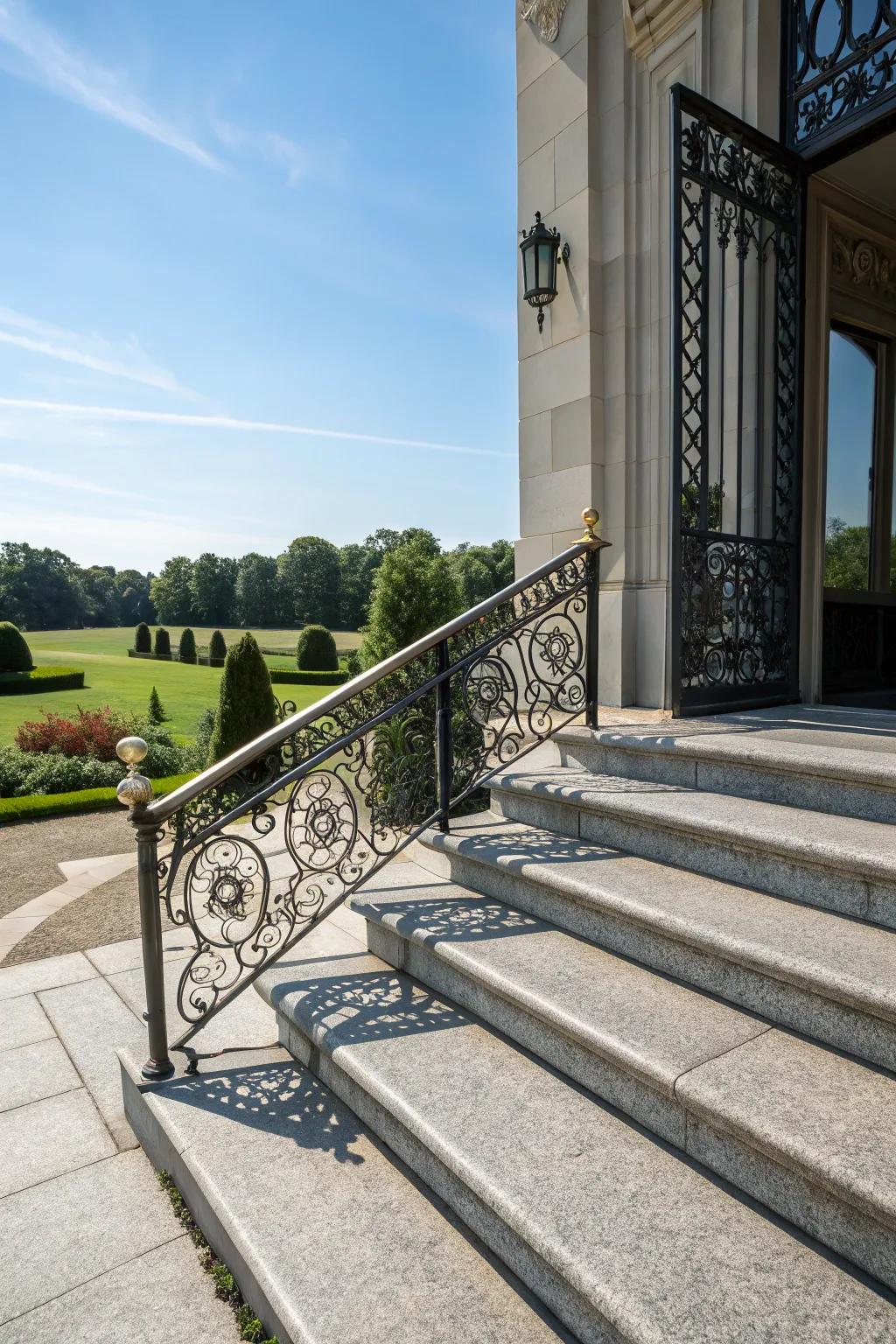 Refined railings enhance slate steps.
