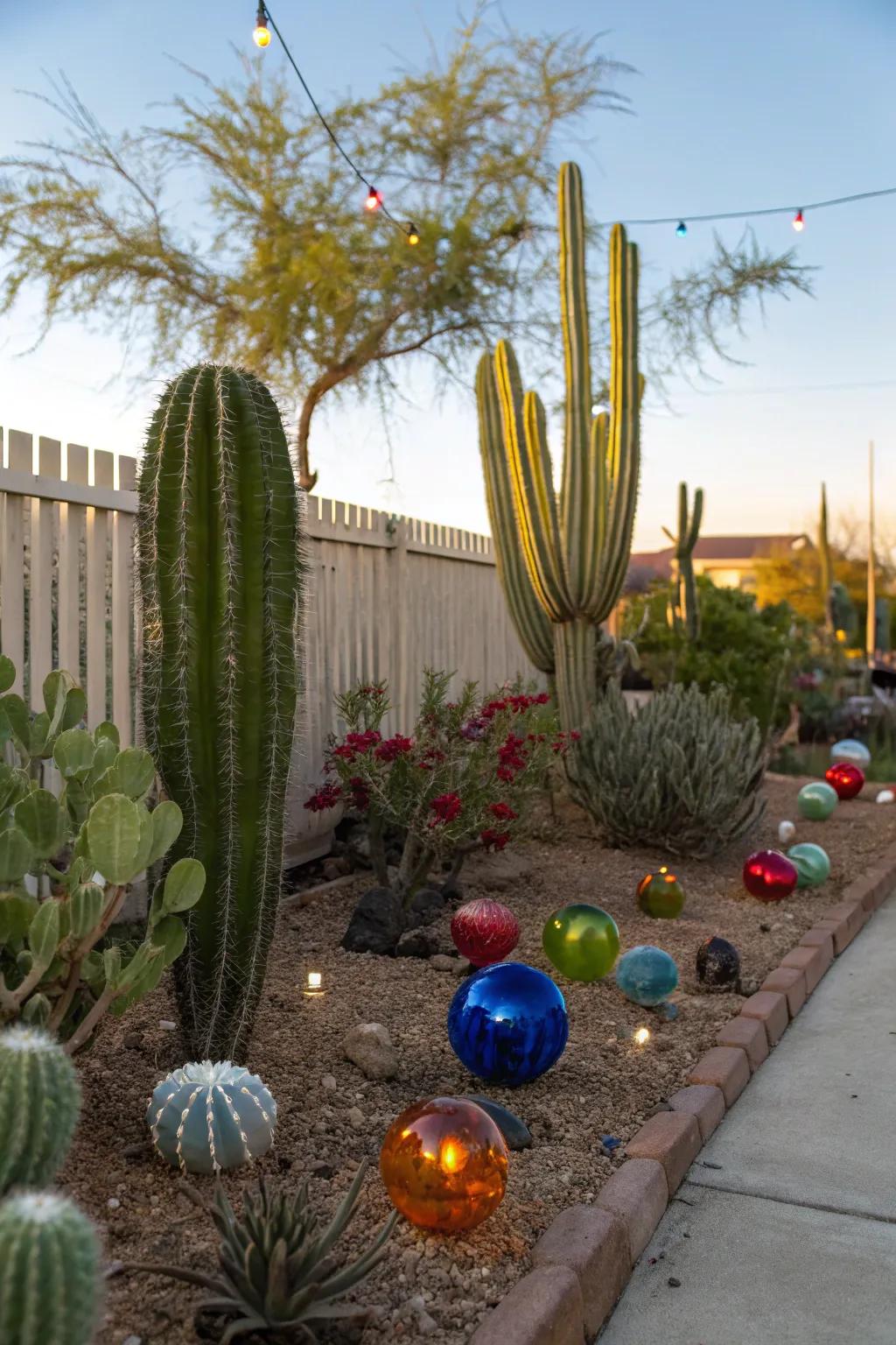 Whimsical glass ornaments nestled among cacti.