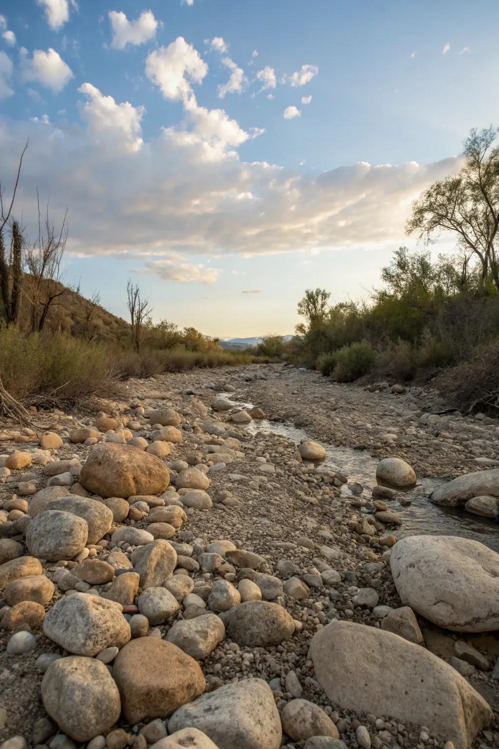 A rocky watercourse semblance enlivens your creek bed employing palpable, rugged texture.