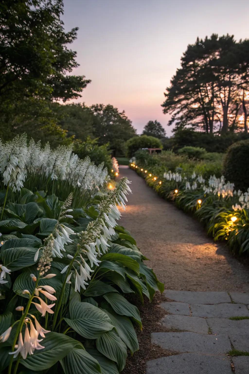 White leafy glories brighten paths with a magical glow.