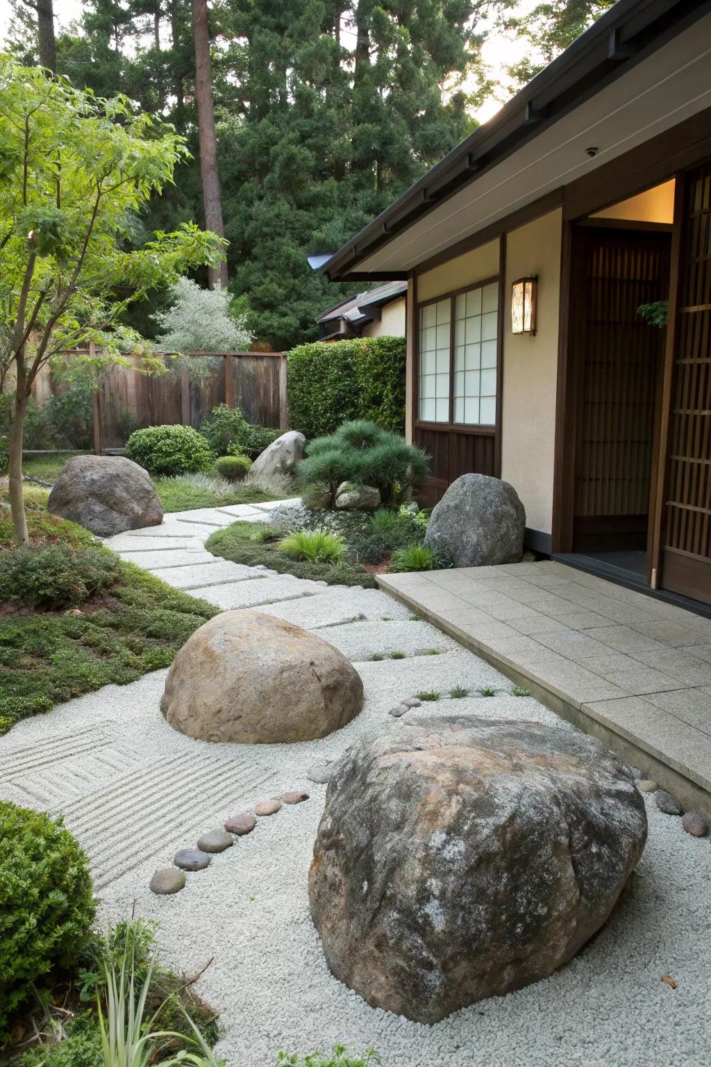 Find peace in a Zen-inspired retreat with large rocks.