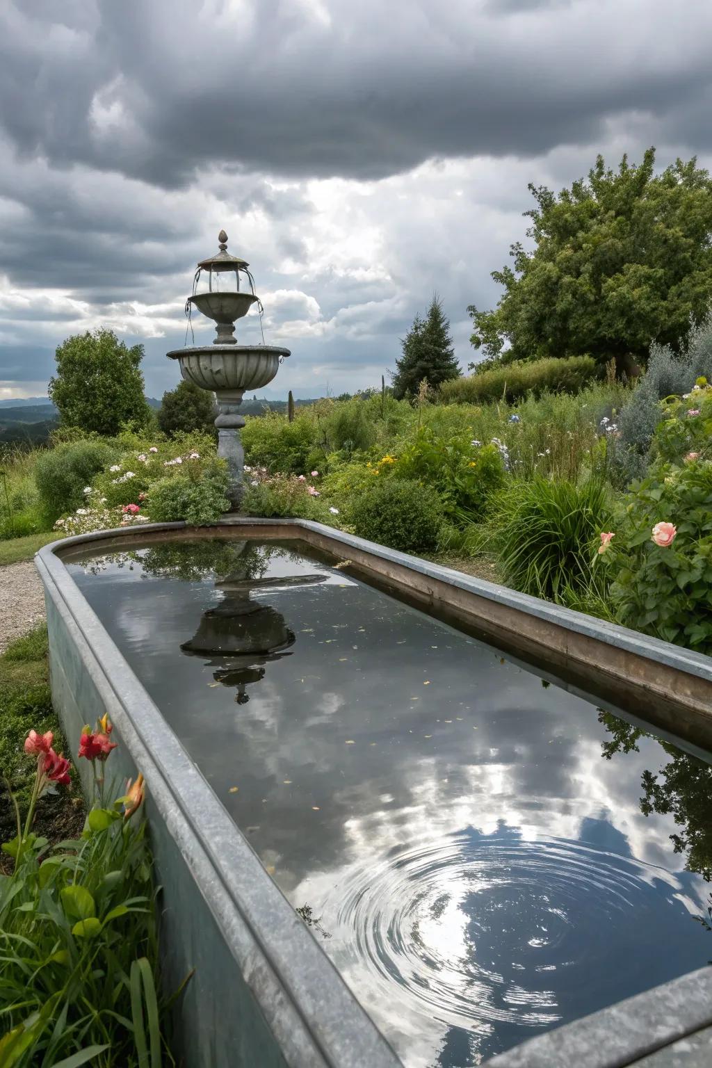 A reflective veneer crafts a mirrored illusion within a trough fountain.