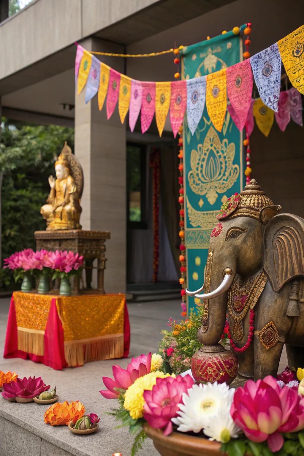 Traditional motifs like elephants and lotus blossoms enriching the cultural essence of the festival decor.