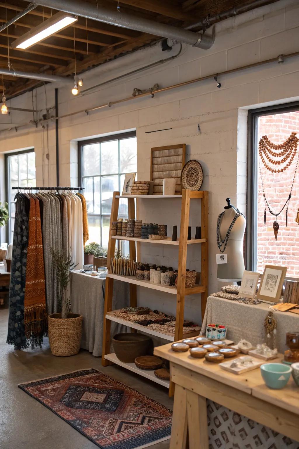 Artisan corner with handmade products in a garage shop.