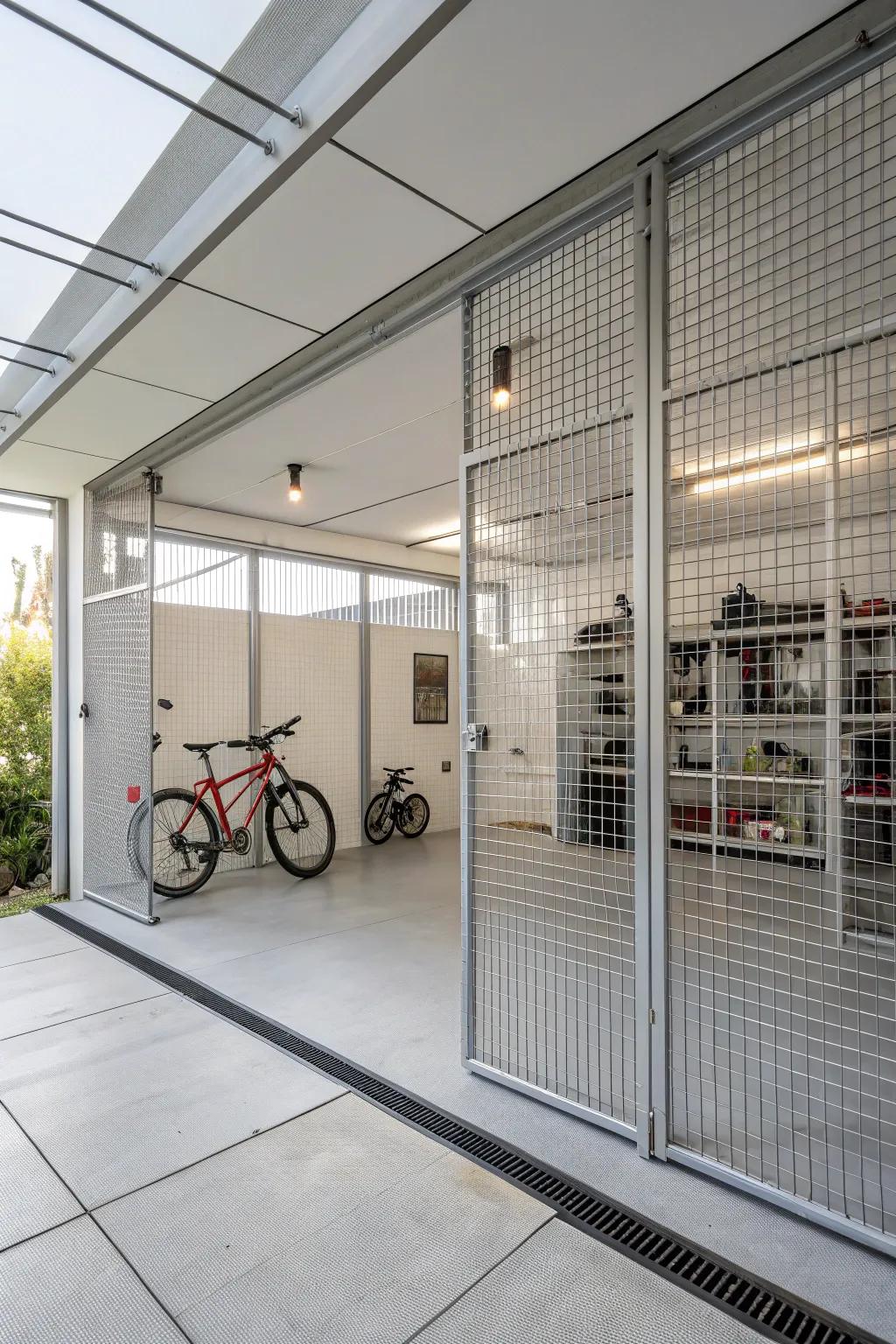 Wire lattice partitions bestow a minimalist and airy visual.