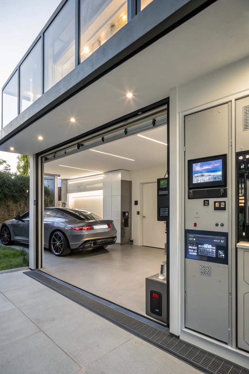 A cutting-edge garage equipped with the newest smart technology capabilities.