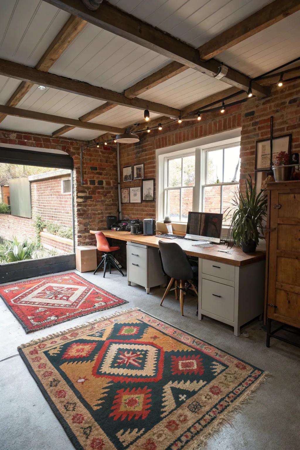 Rugs add warmth and define spaces within your garage office.