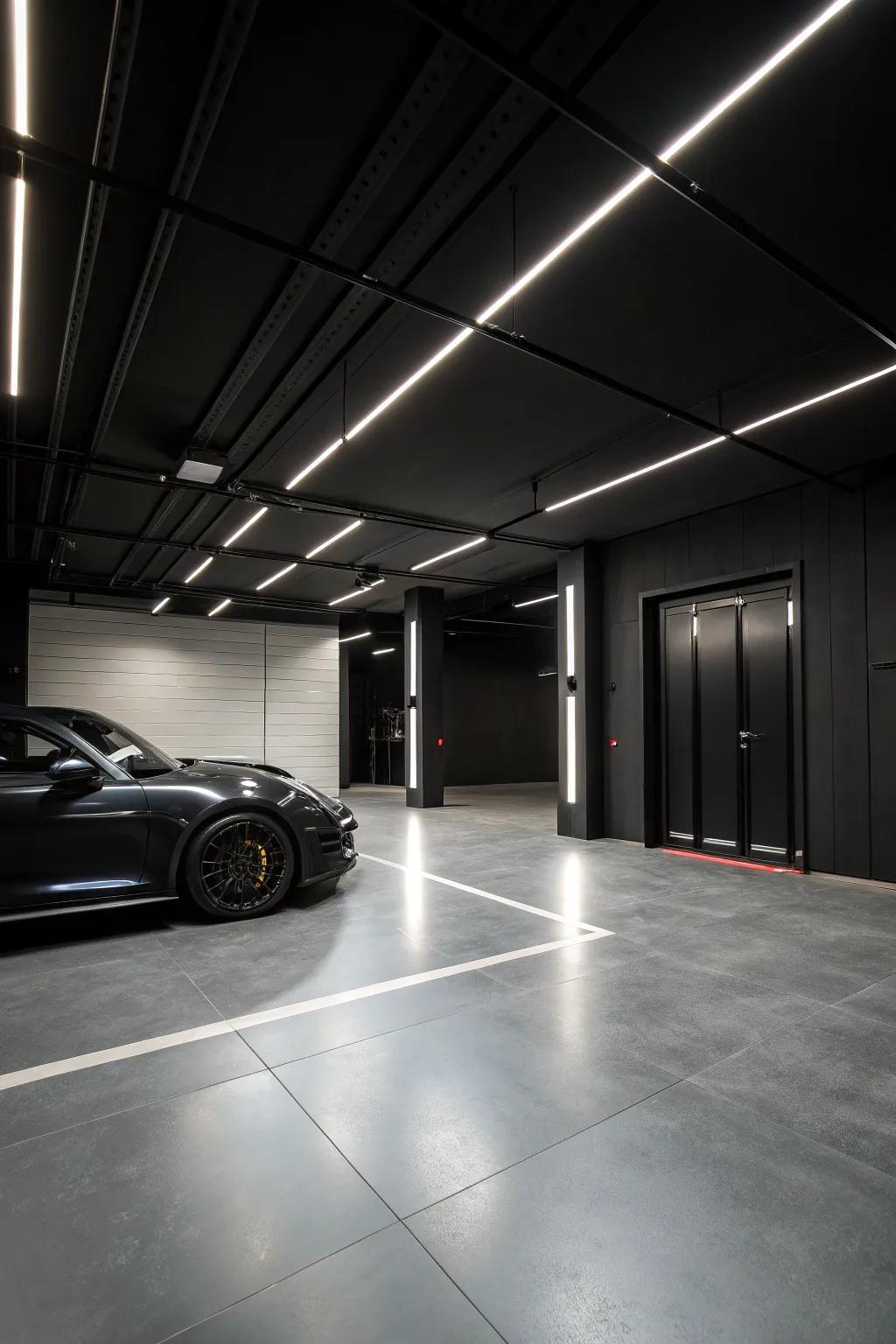 Coal walls create a dramatic and modern garage space.