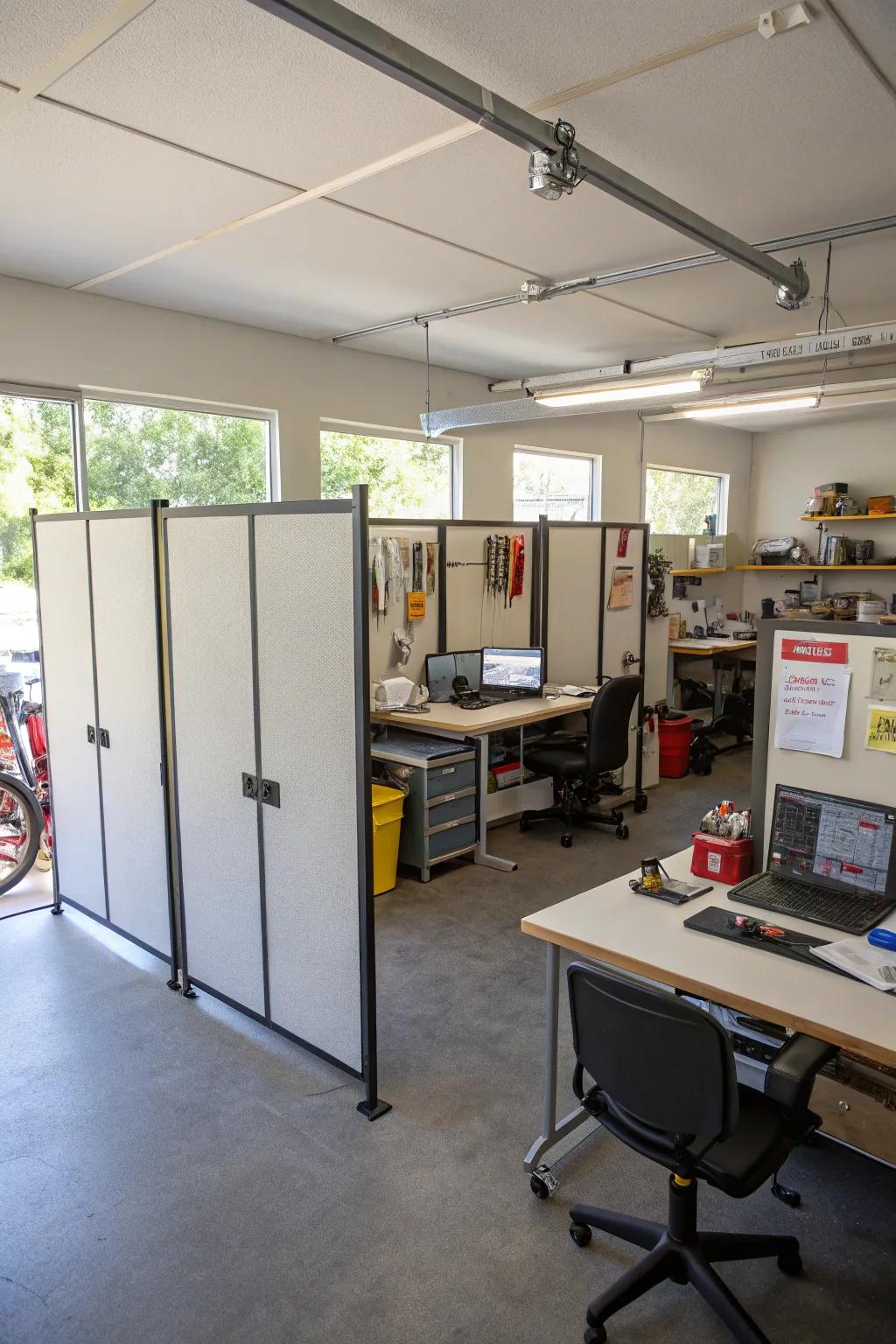 Design flexible work areas with portable partitions.