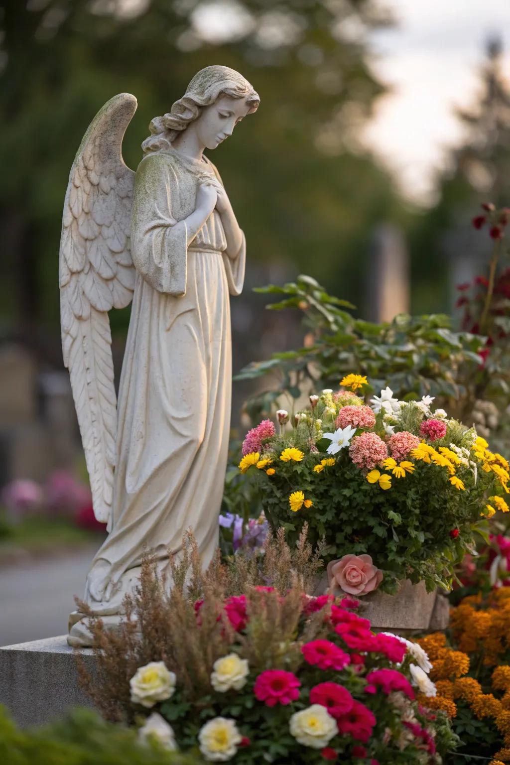 An angel statue settled amidst aromatic flowers.