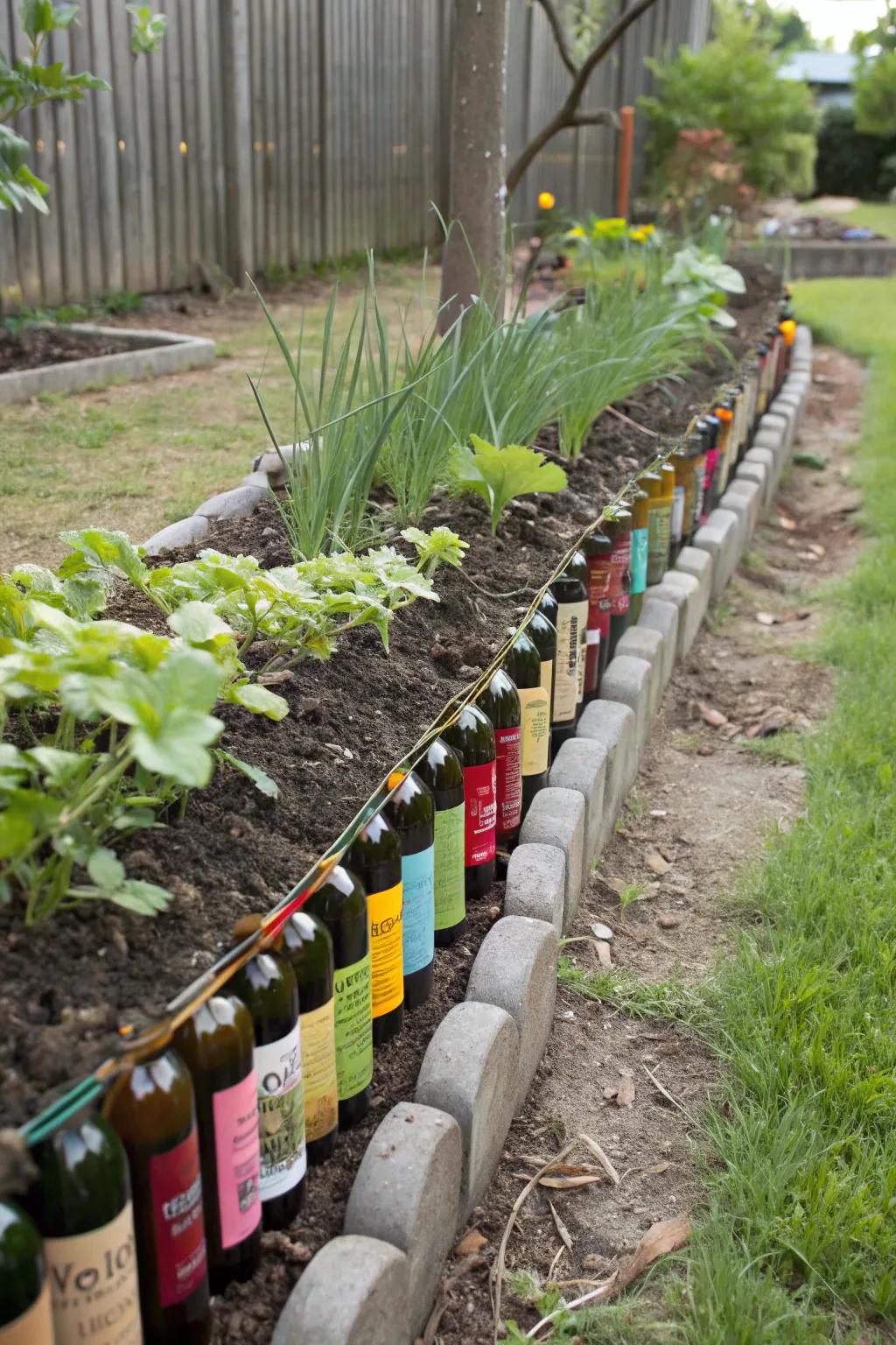 Funny wine bottle edging gives gardens a fun touch.