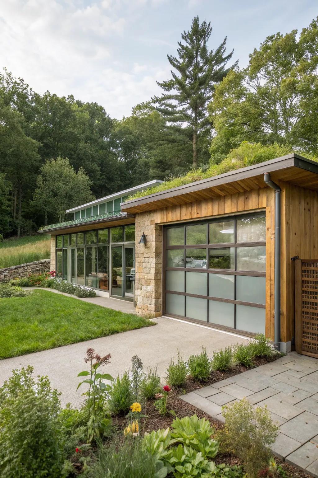 A sustainable home design features a glass garage door.