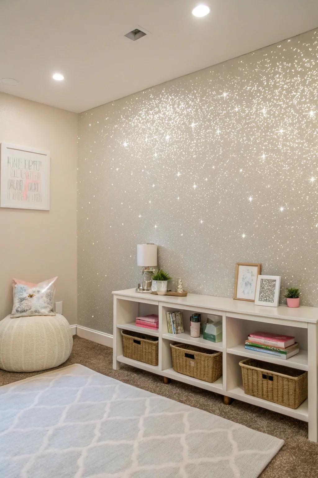 A glitter accent wall introduces a sparkle into a minimalist space.