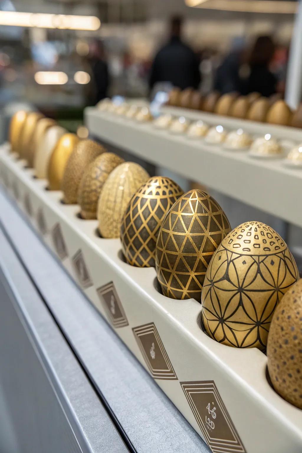 Gilded eggs featuring geometric patterns proffer a contemporary sophistication.