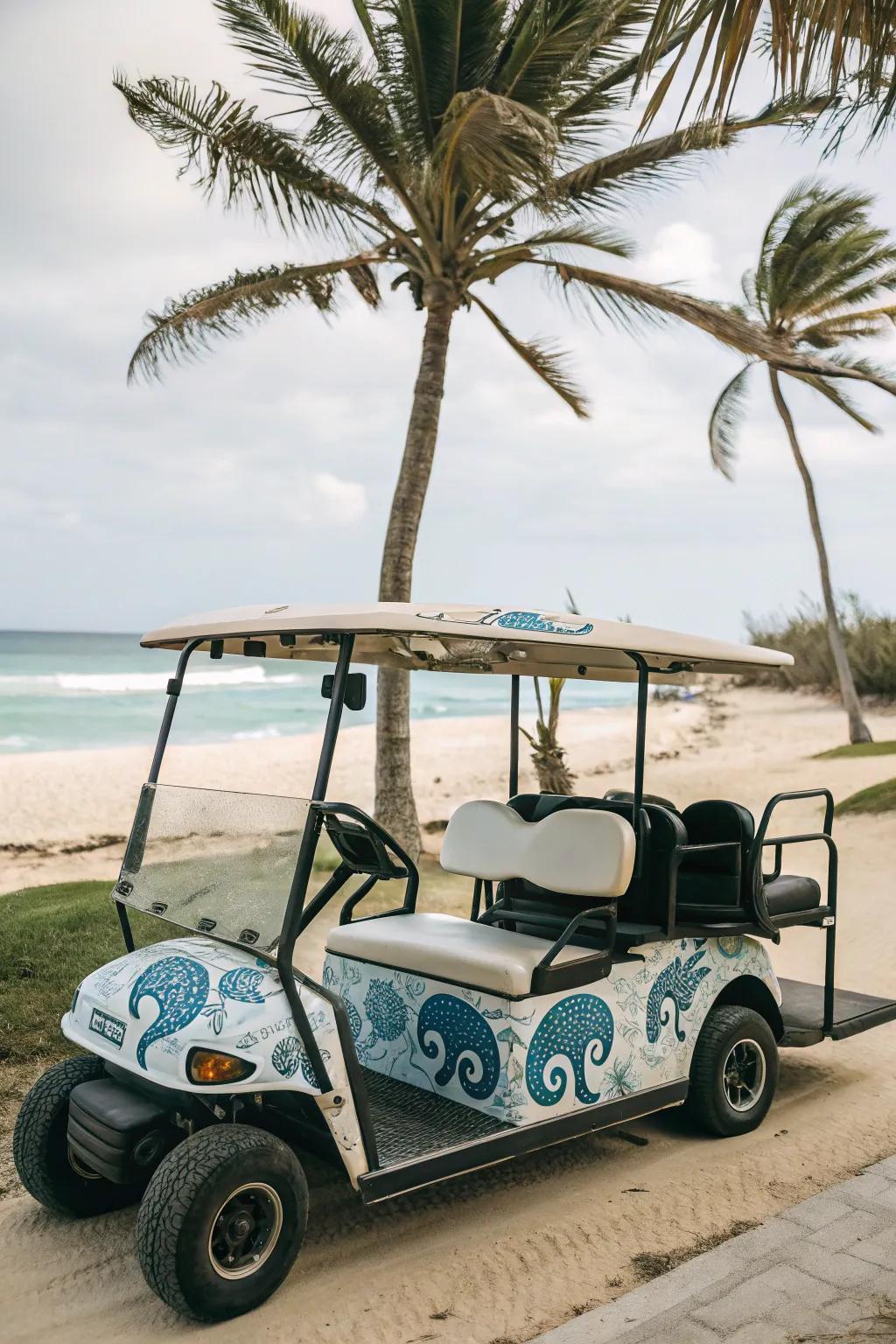 Embark on an aquatic adventure with ocean-themed golf cart decorations.