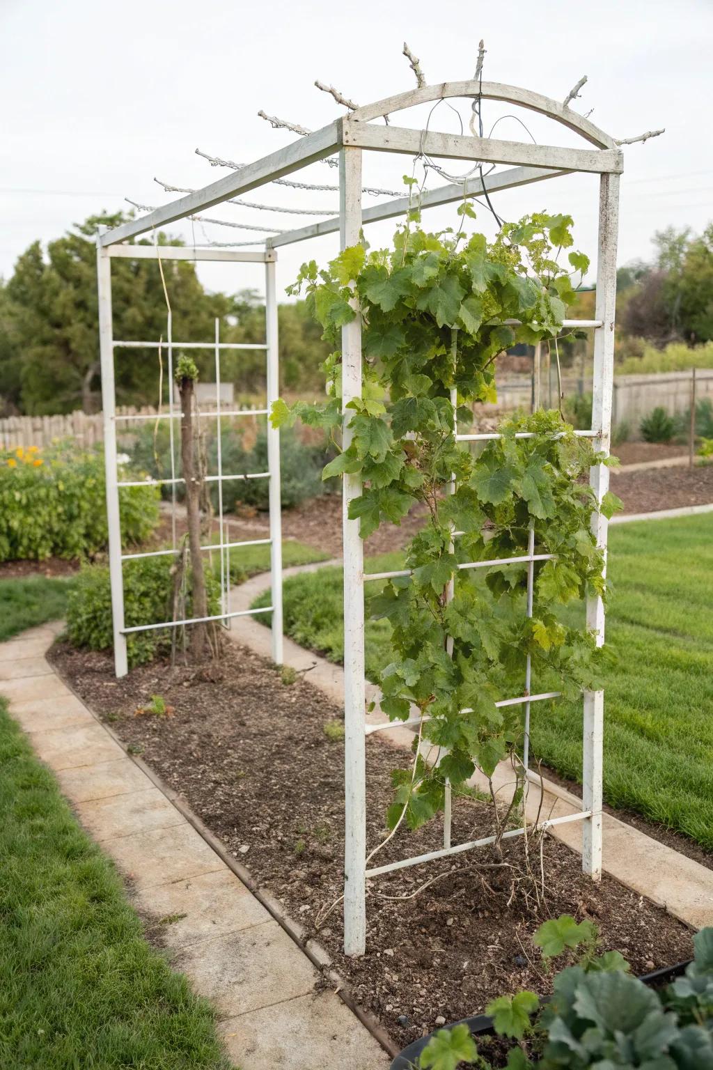Minimalist strand trellises accentuate the classiness of grapevines.