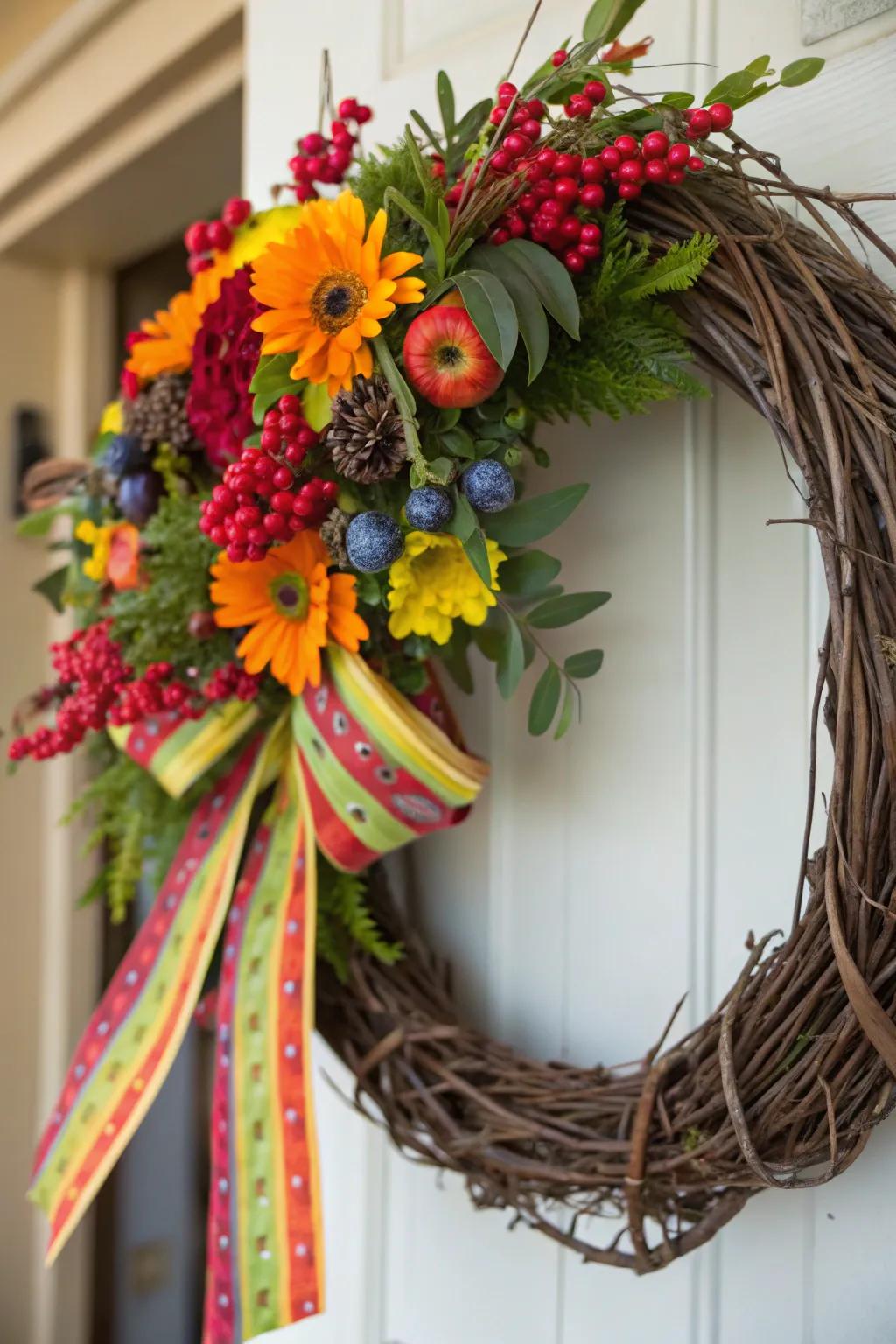 A festival-centric grapevine wreath presenting vibrant pigments.