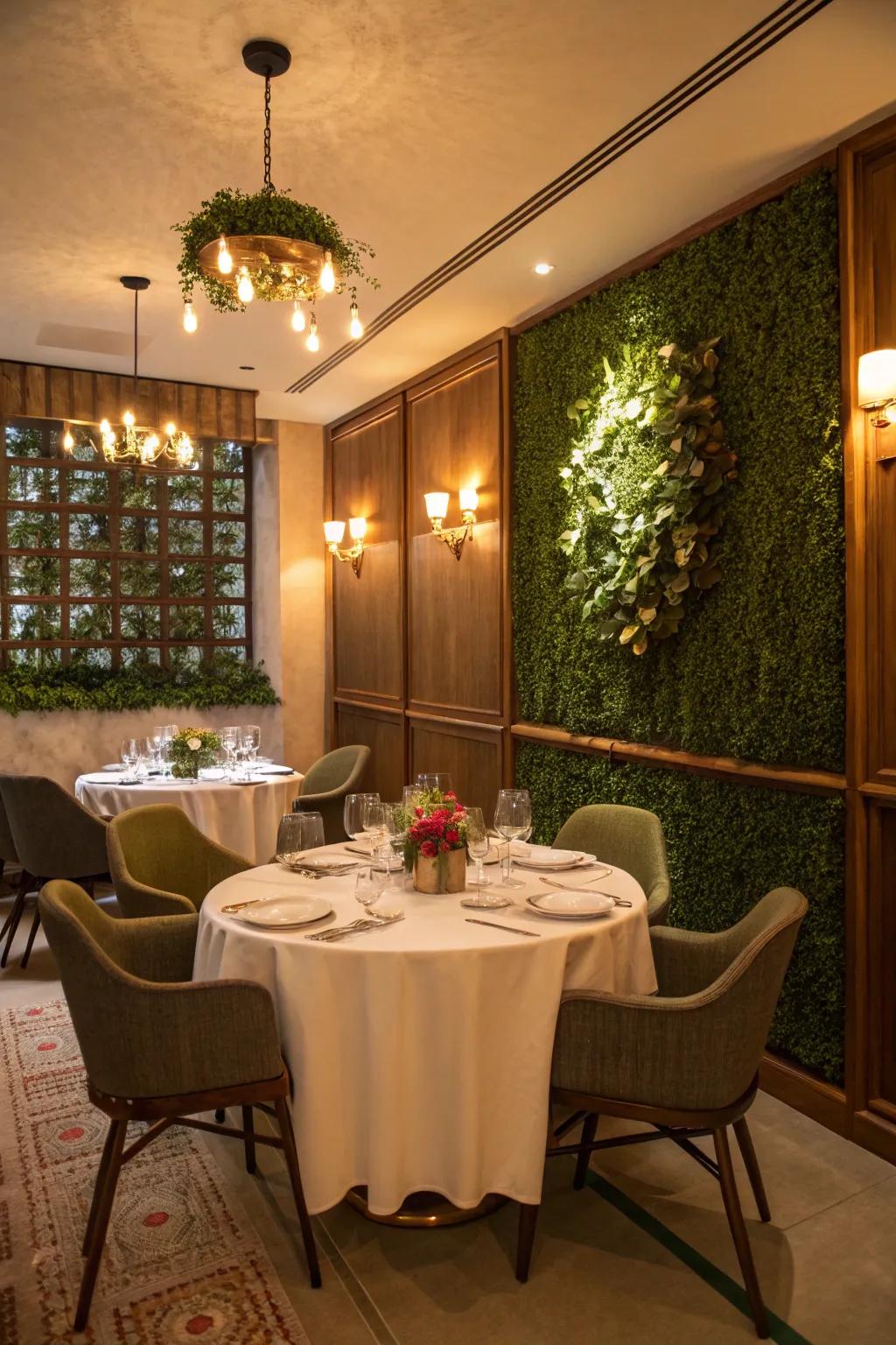 A vegetation-covered partition in the refectory injects a recent and welcoming element into repast occasions.