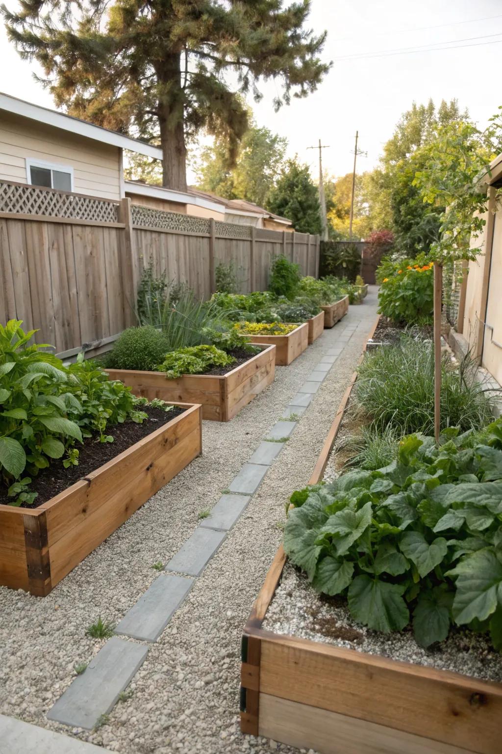 Elevated pot plants framed by chippings for a structured garden design.