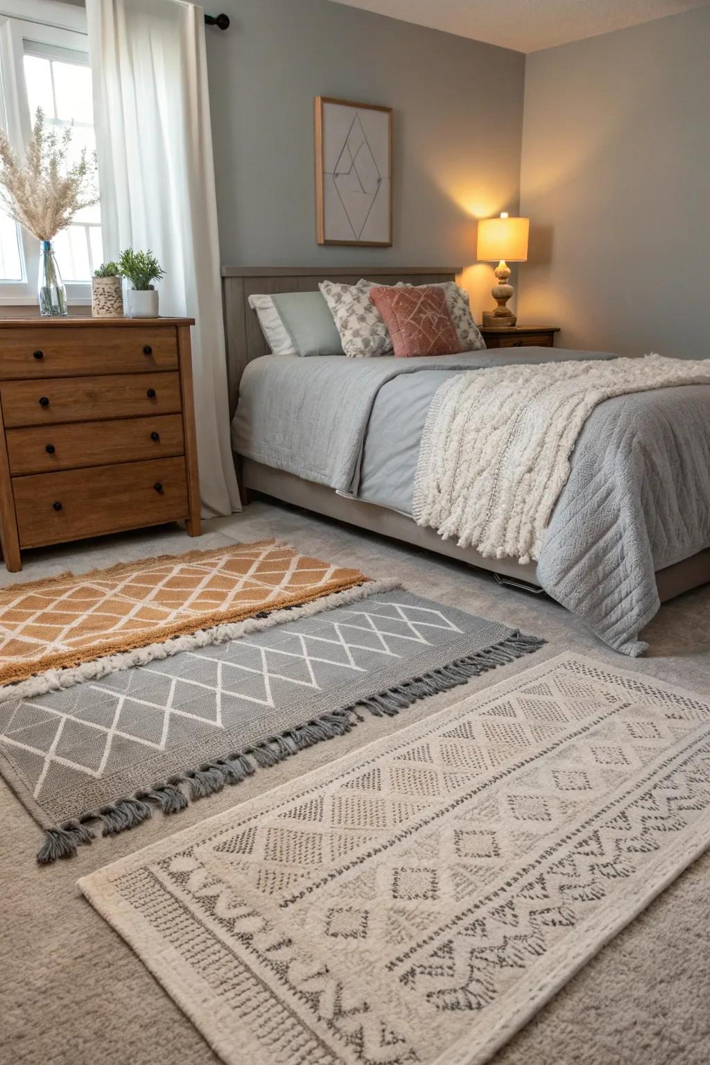 Layered rugs providing warmth and style in a gray bedroom.