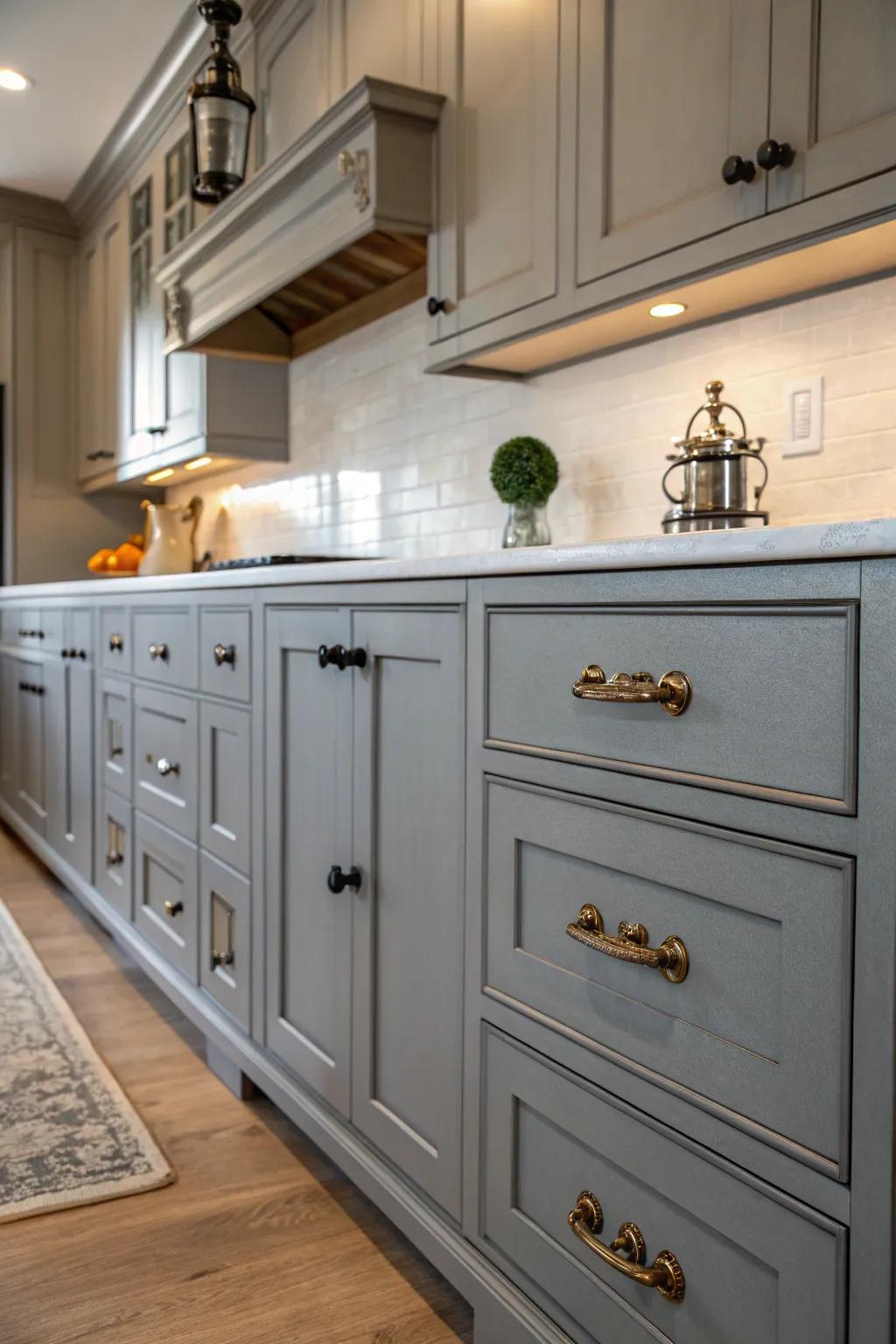 Vintage furniture adds charm to gray kitchen cabinets.