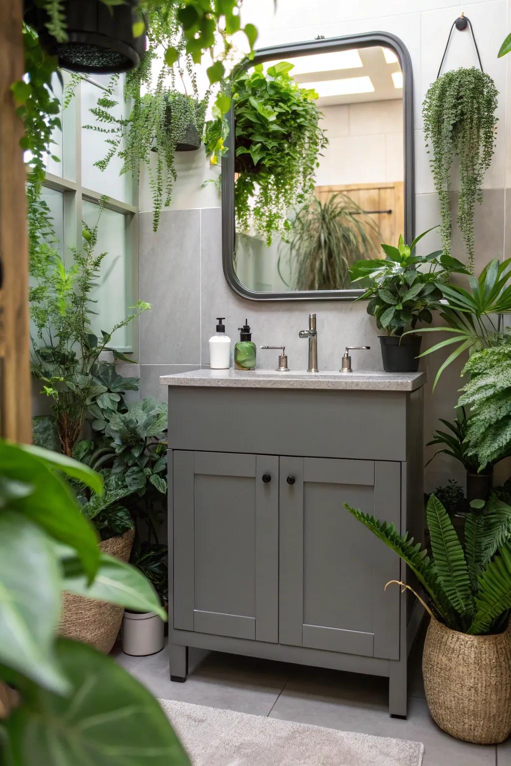 A fresh and lively bathroom features a gray vanity and greenery.