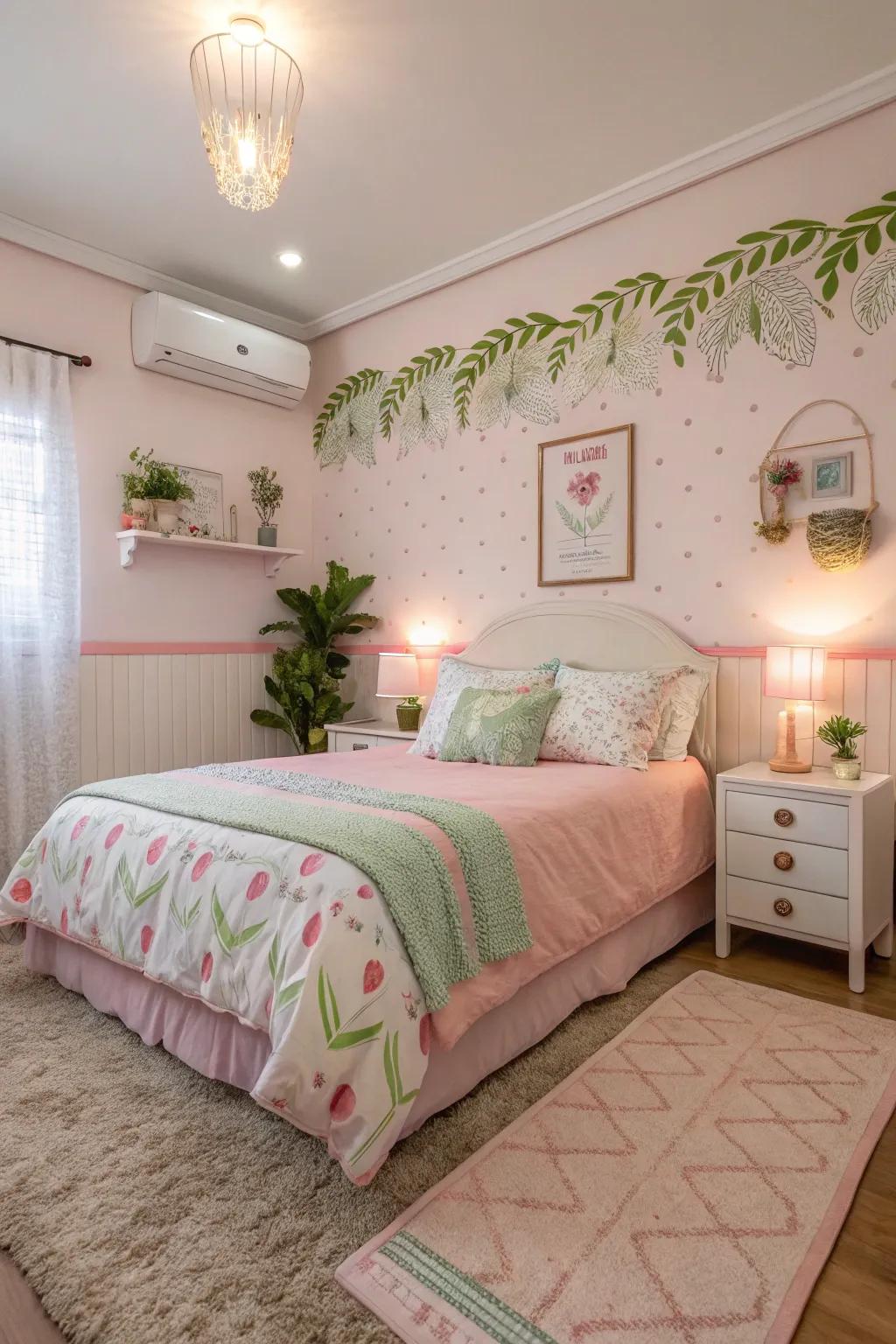 Playful pastels in pink and green create a serene and inviting space.
