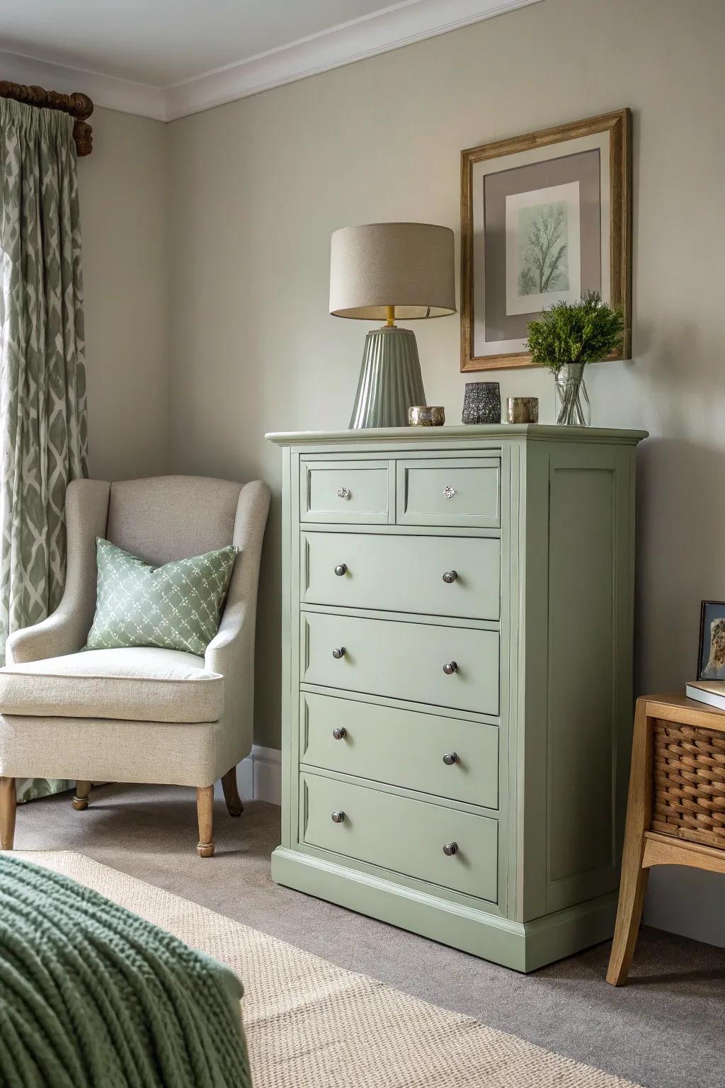 Foggy green furniture gives the space a modern, energizing feel.