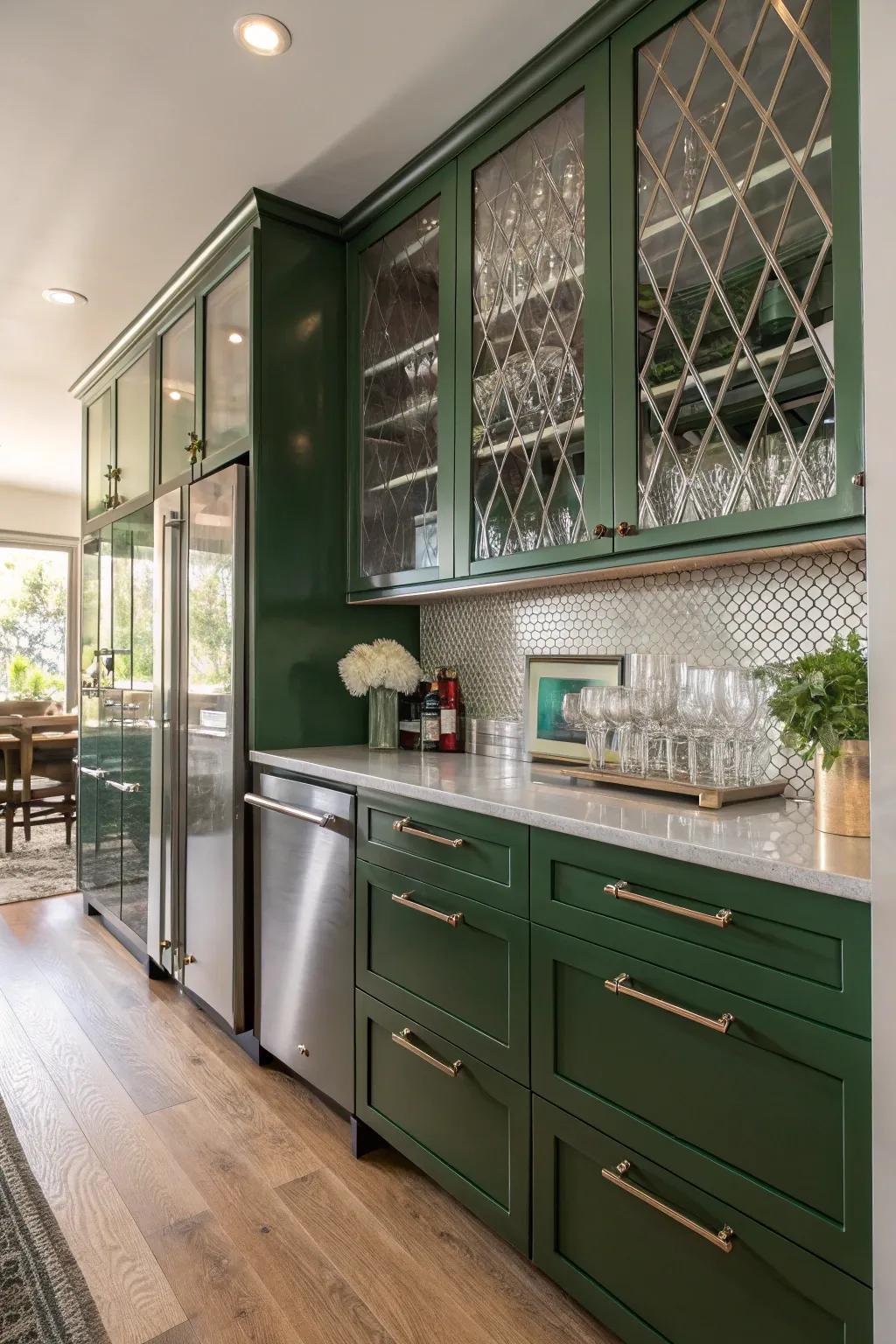 Dynamic kitchen featuring mixed materials and green cabinets.