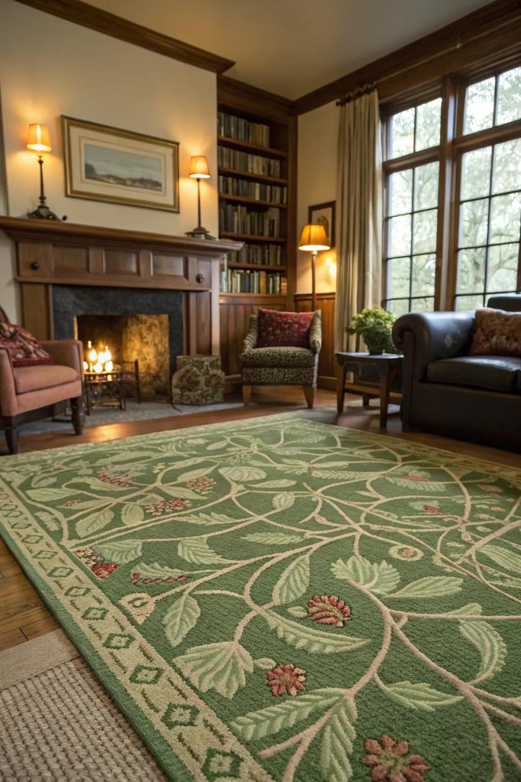 A green rug anchors the room and introduces coziness also texture.