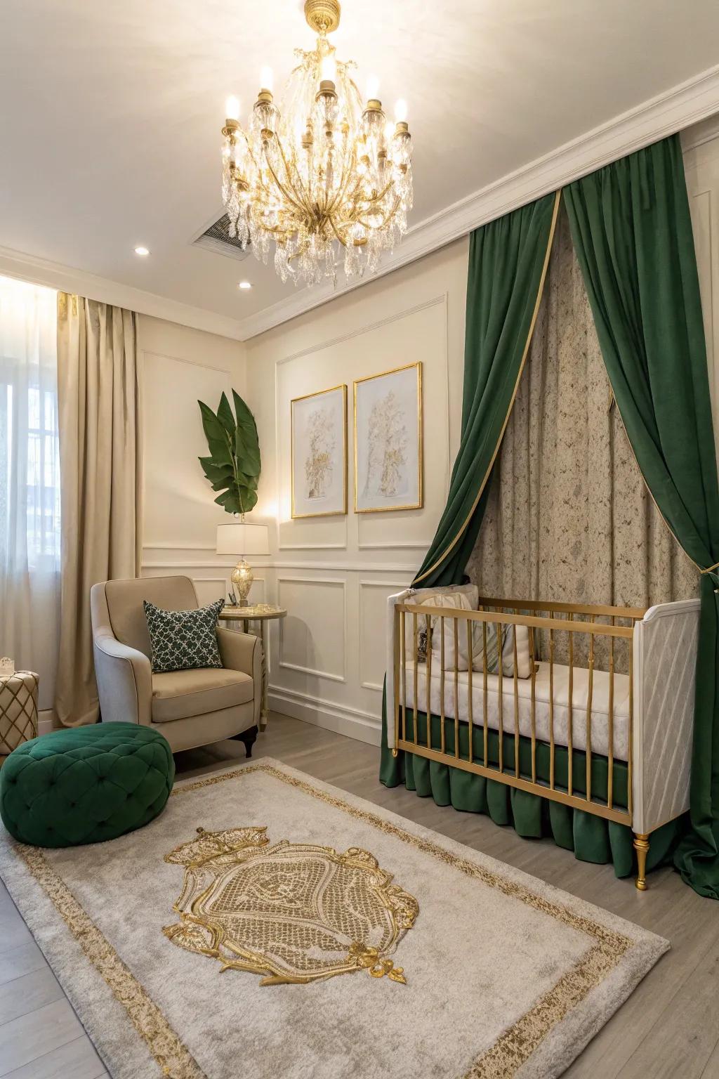 Golden touches bring elegance to the green theme.