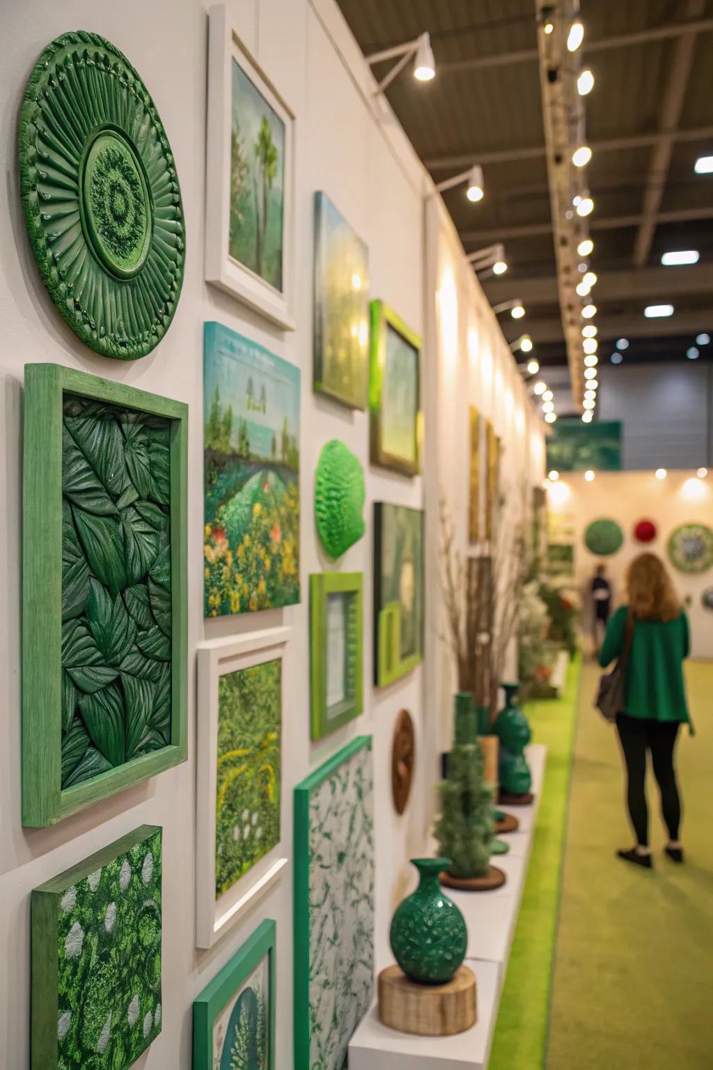 Walls accented with emerald themed artwork.