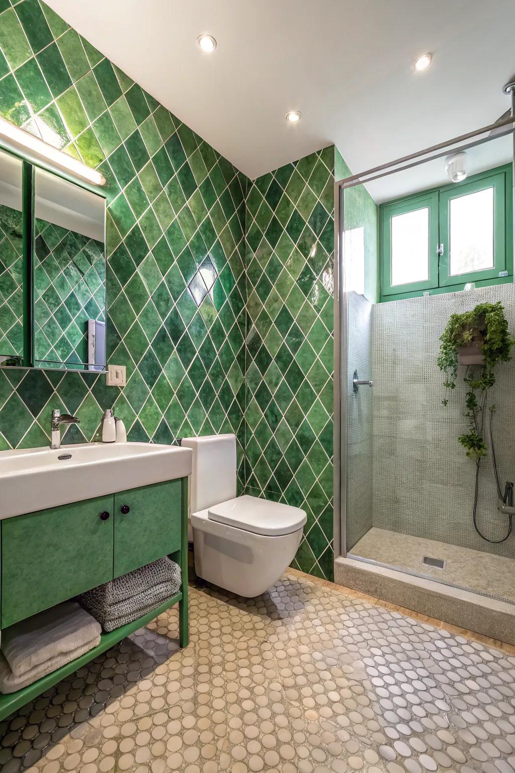 Diamond patterns in green tiles create a dramatic flair.